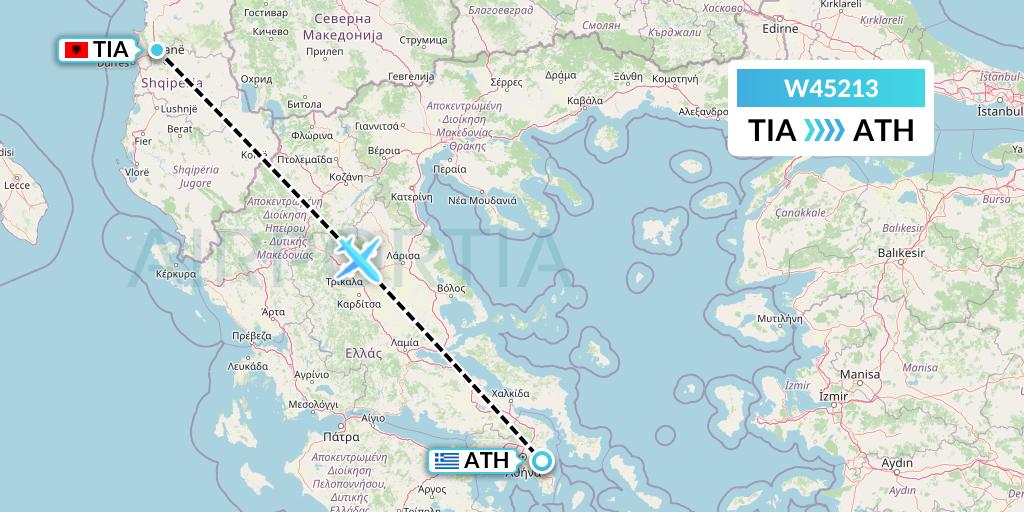 W45213 Wizz Air Malta Flight Map: Tirana to Athens