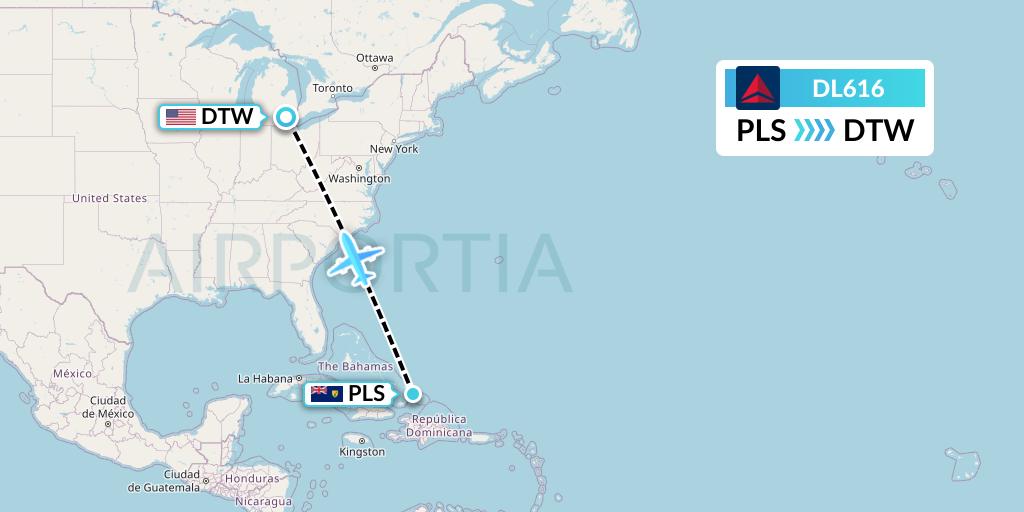 DL616 Delta Air Lines Flight Map: Providenciales to Detroit