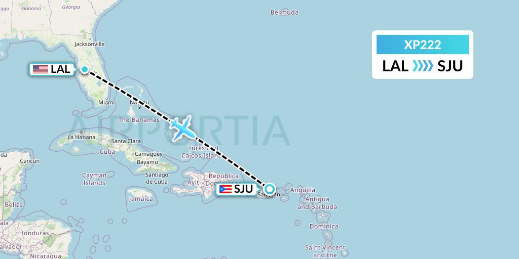 XP222 Avelo Airlines Flight Map: Lakeland to San Juan
