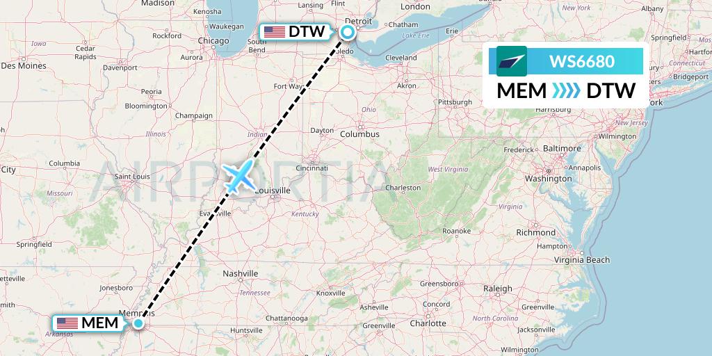 WS6680 WestJet Flight Map: Memphis to Detroit