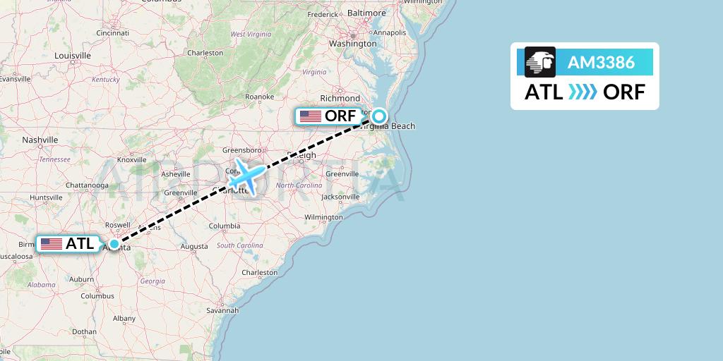 AM3386 Aeromexico Flight Map: Atlanta to Norfolk