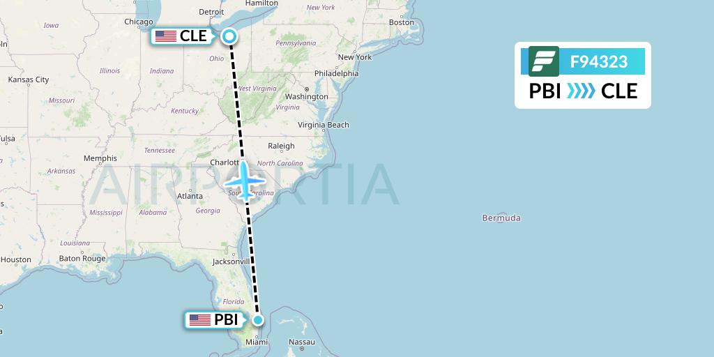 F94323 Frontier Airlines Flight Map: West Palm Beach to Cleveland