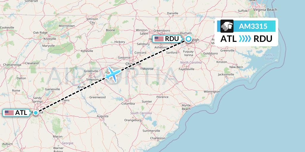 AM3315 Aeromexico Flight Map: Atlanta to Raleigh-Durham