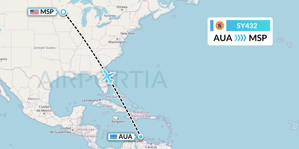 SY432 Sun Country Airlines Flight Map: Oranjestad to Minneapolis