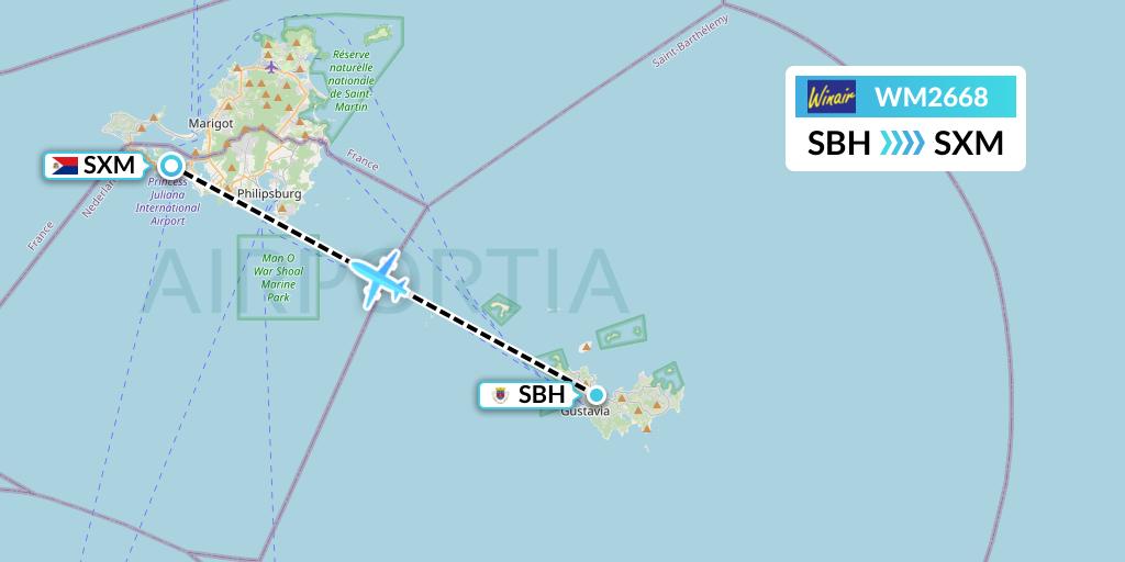 WM2668 Winair Flight Map: St. Jean to Sint Maarten