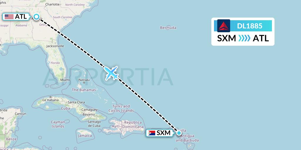 DL1885 Delta Air Lines Flight Map: Sint Maarten to Atlanta