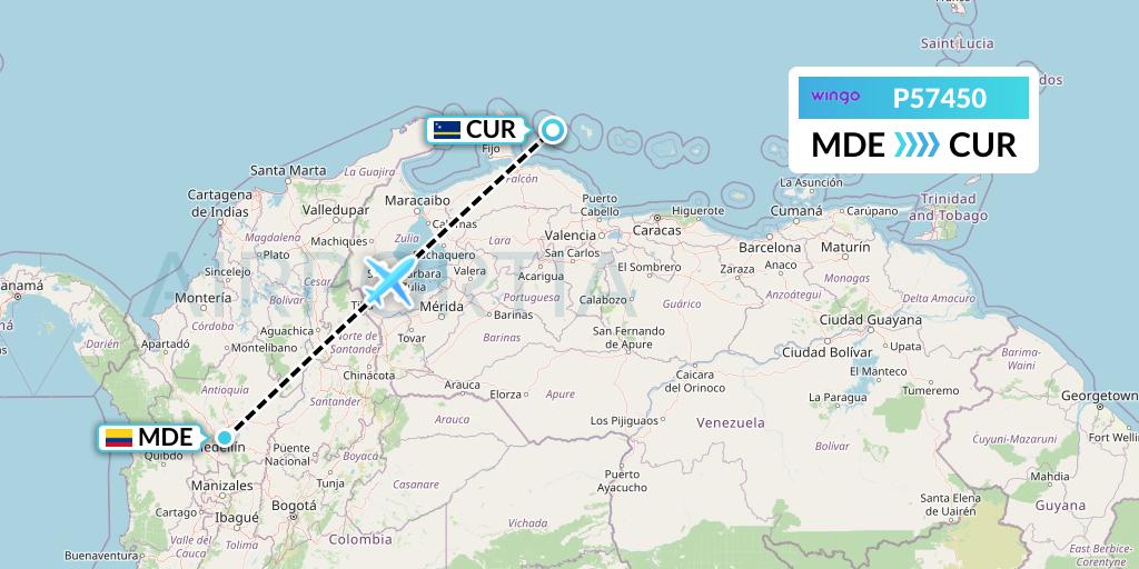 P57450 Copa Airlines Colombia Flight Map: Medellin to Willemstad