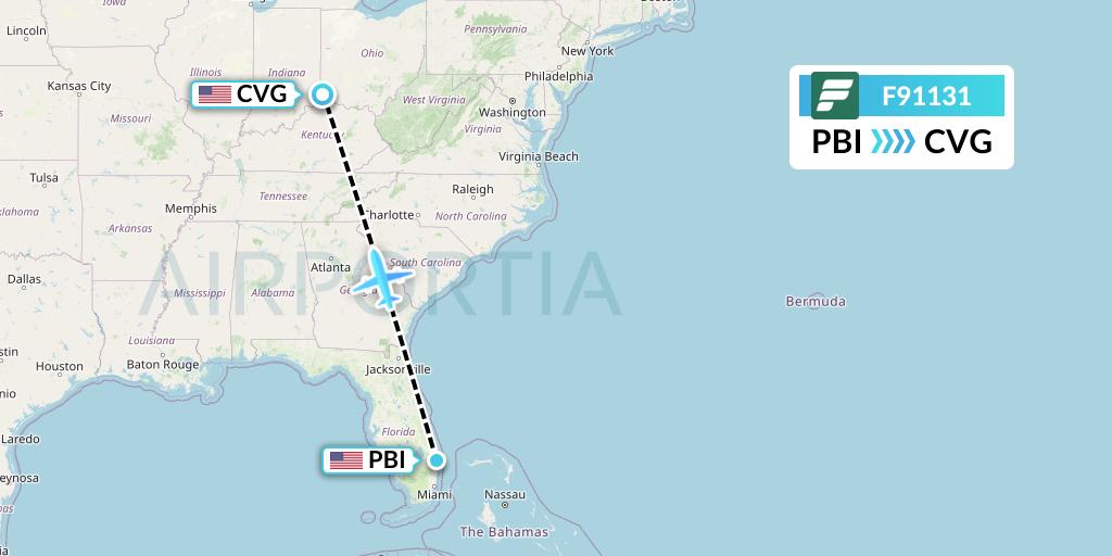 F91131 Frontier Airlines Flight Map: West Palm Beach to Cincinnati