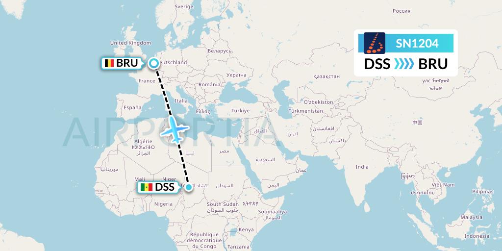 SN1204 Brussels Airlines Flight Map: Dakar to Brussels