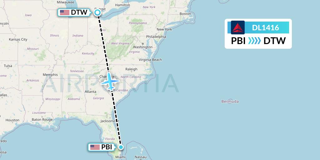 DL1416 Delta Air Lines Flight Map: West Palm Beach to Detroit