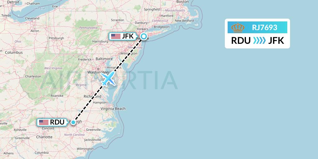 RJ7693 Royal Jordanian Flight Map: Raleigh-Durham to New York