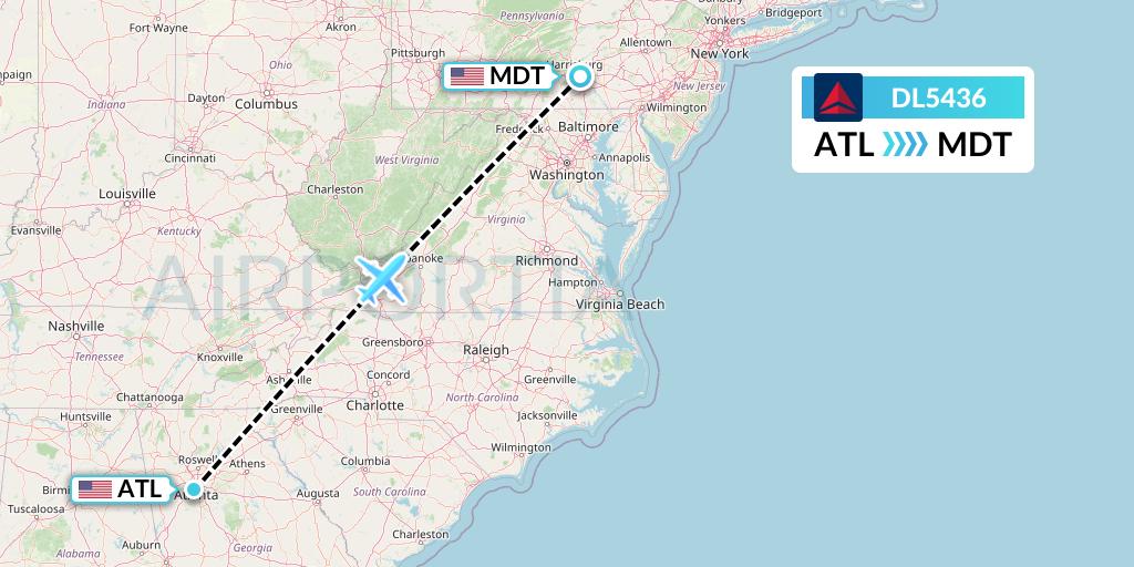 DL5436 Delta Air Lines Flight Map: Atlanta to Harrisburg