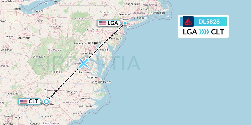 DL5828 Delta Air Lines Flight Map: New York to Charlotte