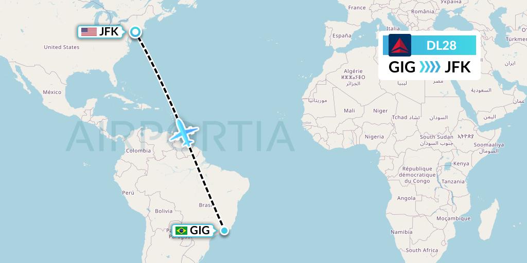 DL28 Delta Air Lines Flight Map: Rio de Janeiro to New York