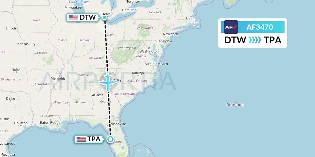 AF3470 Air France Flight Map: Detroit to Tampa