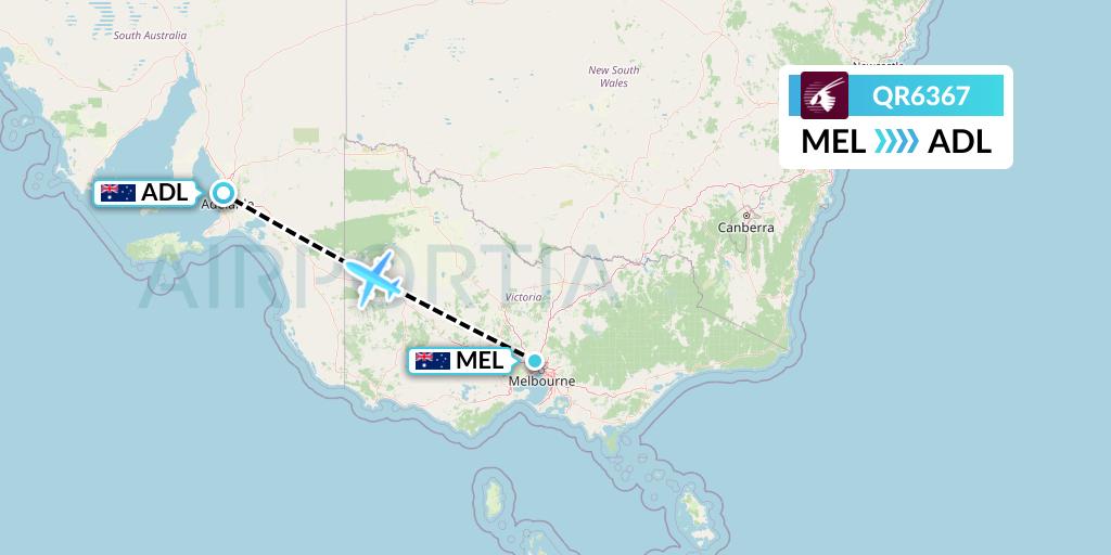 QR6367 Qatar Airways Flight Map: Melbourne to Adelaide