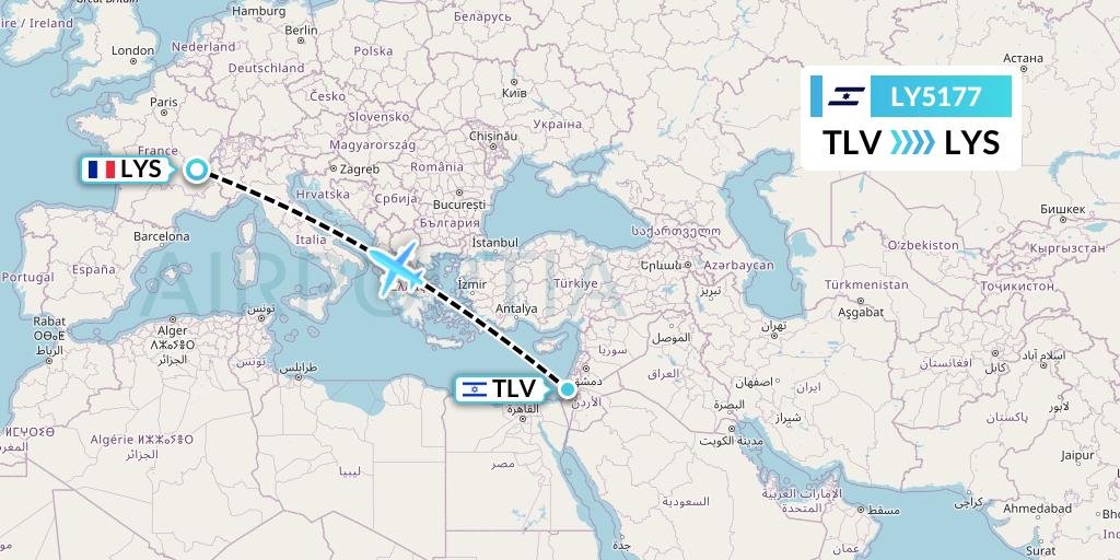 LY5177 El Al Flight Map: Tel Aviv to Lyon
