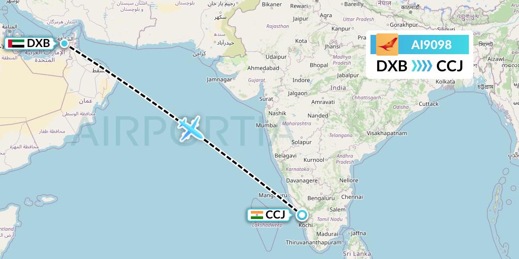 AI9098 Air India Flight Map: Dubai to Kozhikode