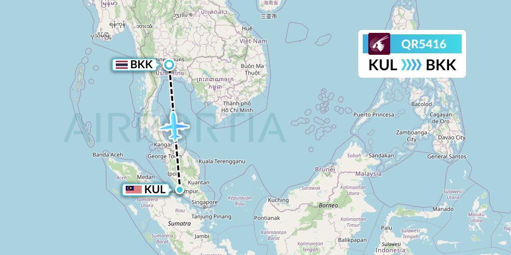 QR5416 Qatar Airways Flight Map: Kuala Lumpur to Bangkok