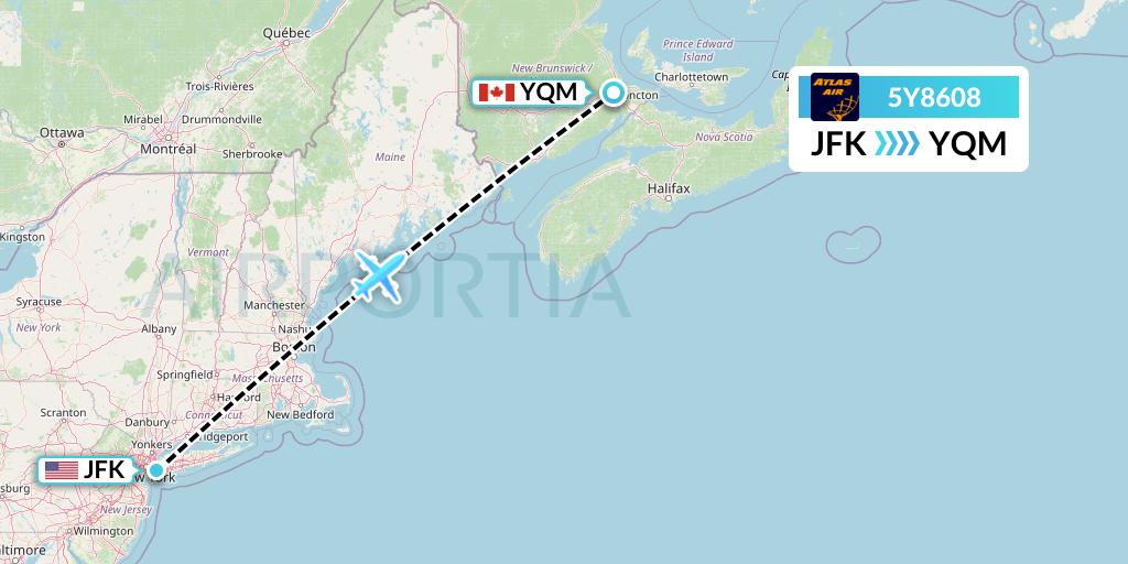 5Y8608 Atlas Air Flight Map: New York to Moncton