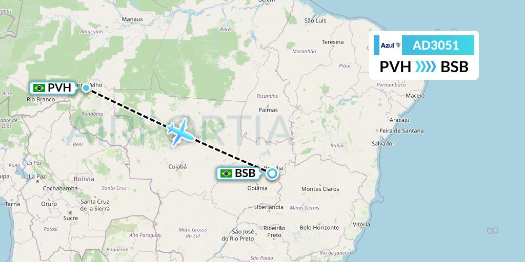 AD3051 Azul Brazilian Airlines Flight Map: Porto Velho to Brasilia
