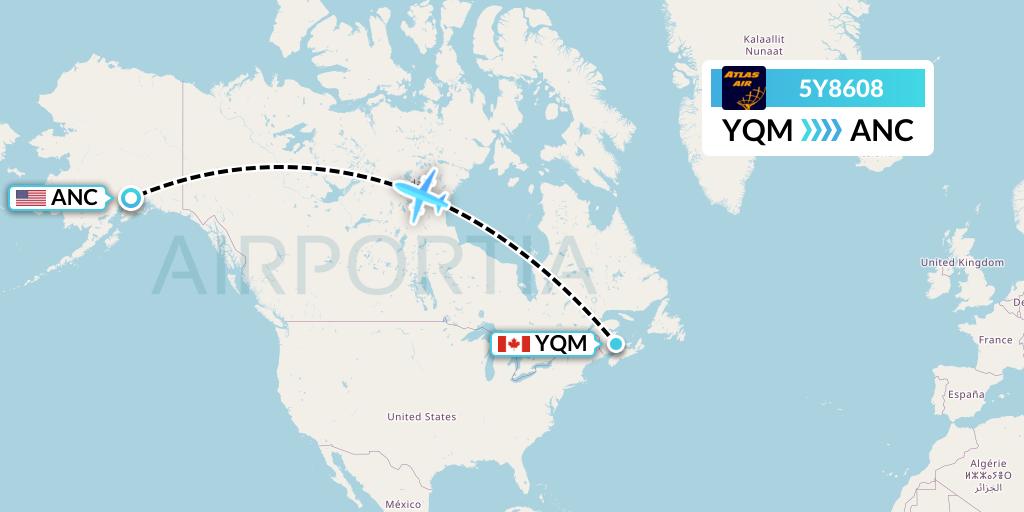 5Y8608 Atlas Air Flight Map: Moncton to Anchorage