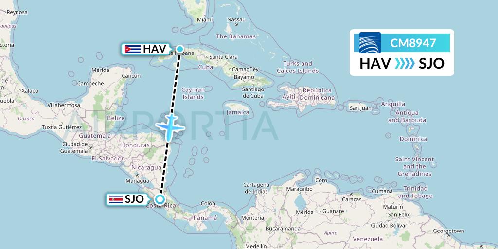 CM8947 Copa Airlines Flight Map: Havana to San Jose