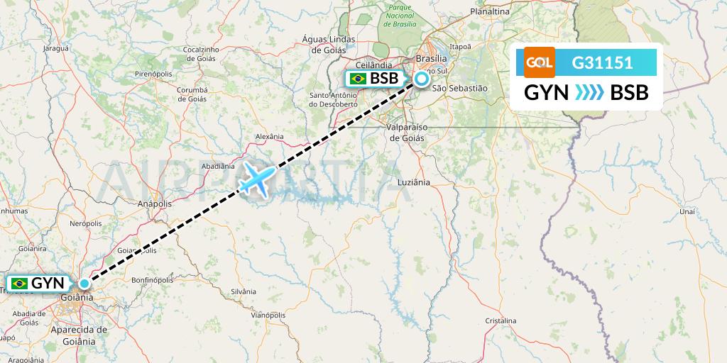 G31151 GOL Transportes Aeros Flight Map: Goiania to Brasilia