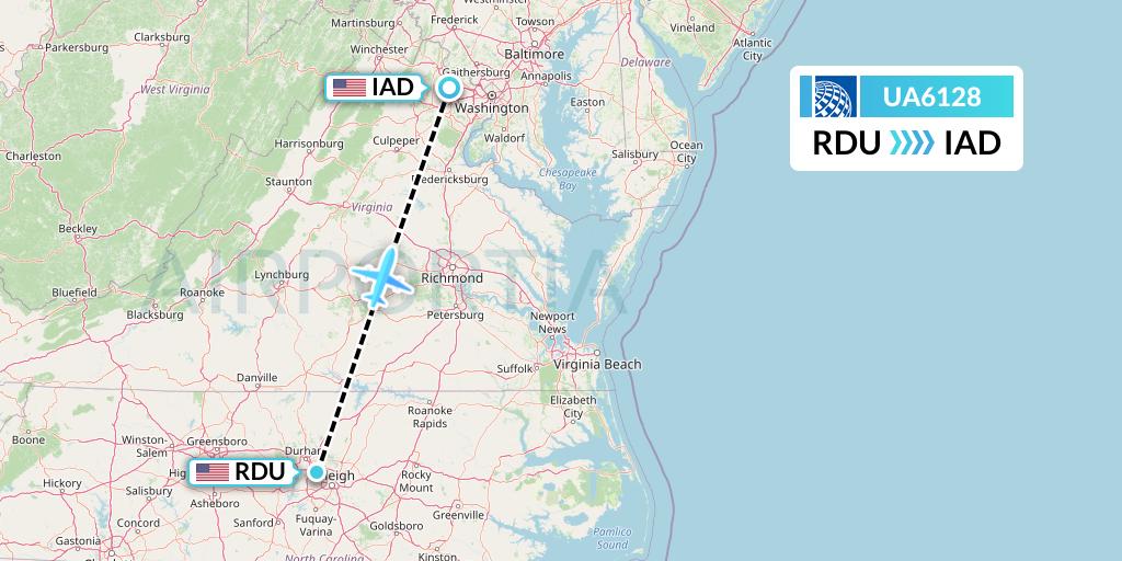 UA6128 United Airlines Flight Map: Raleigh-Durham to Washington