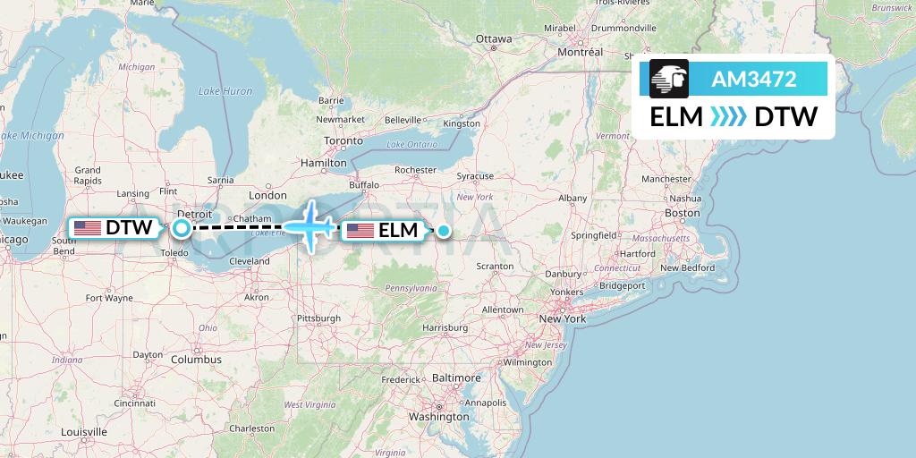 AM3472 Aeromexico Flight Map: Elmira to Detroit