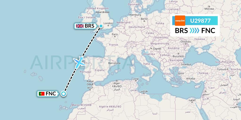 U29877 EasyJet Flight Map: Bristol to Funchal
