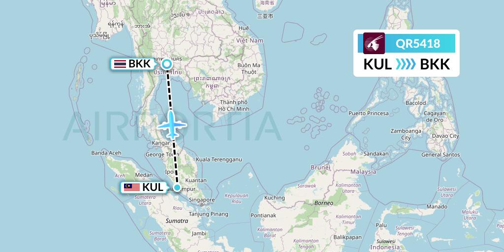 QR5418 Qatar Airways Flight Map: Kuala Lumpur to Bangkok
