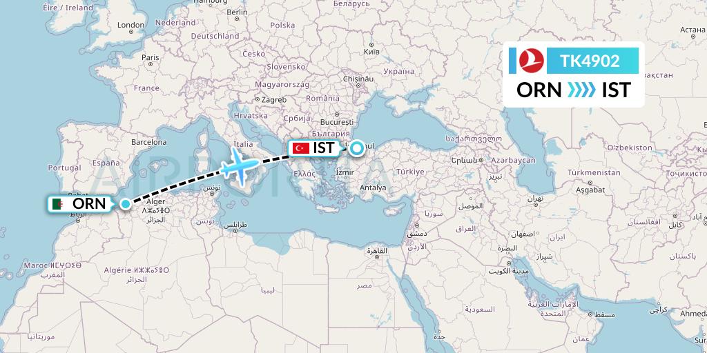 TK4902 Turkish Airlines Flight Map: Oran to Istanbul