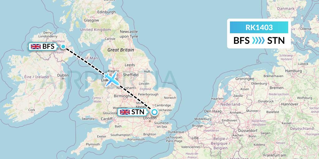 RK1403 Ryanair UK Flight Map: Belfast to London