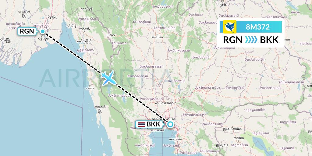8M372 Myanmar Airways International Flight Map: Yangon to Bangkok