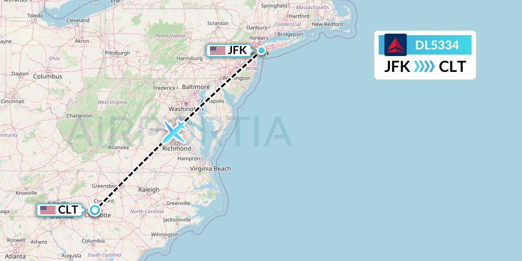 DL5334 Delta Air Lines Flight Map: New York to Charlotte