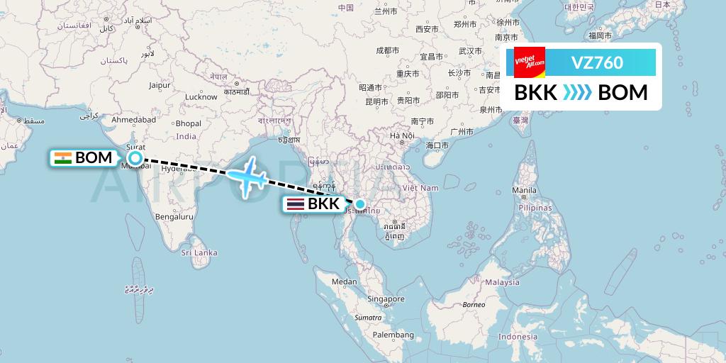 VZ760 Thai Vietjet Air Flight Map: Bangkok to Mumbai