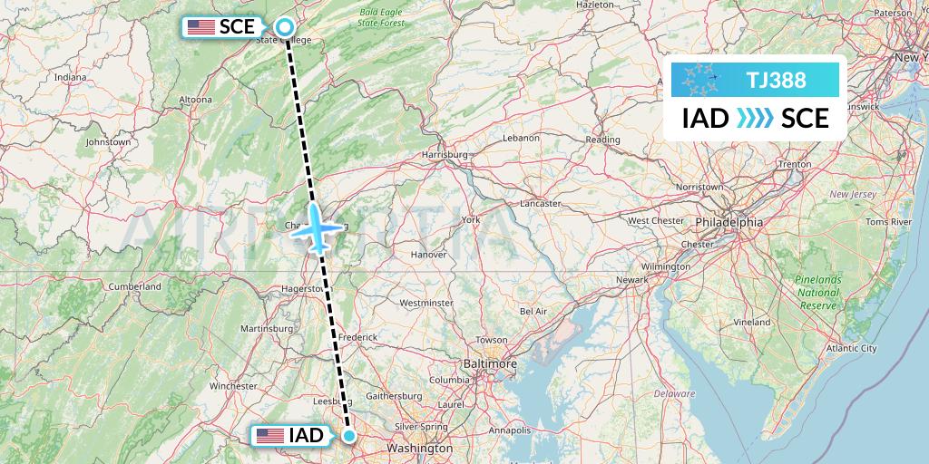 TJ388 Tradewind Aviation Flight Map: Washington to State College