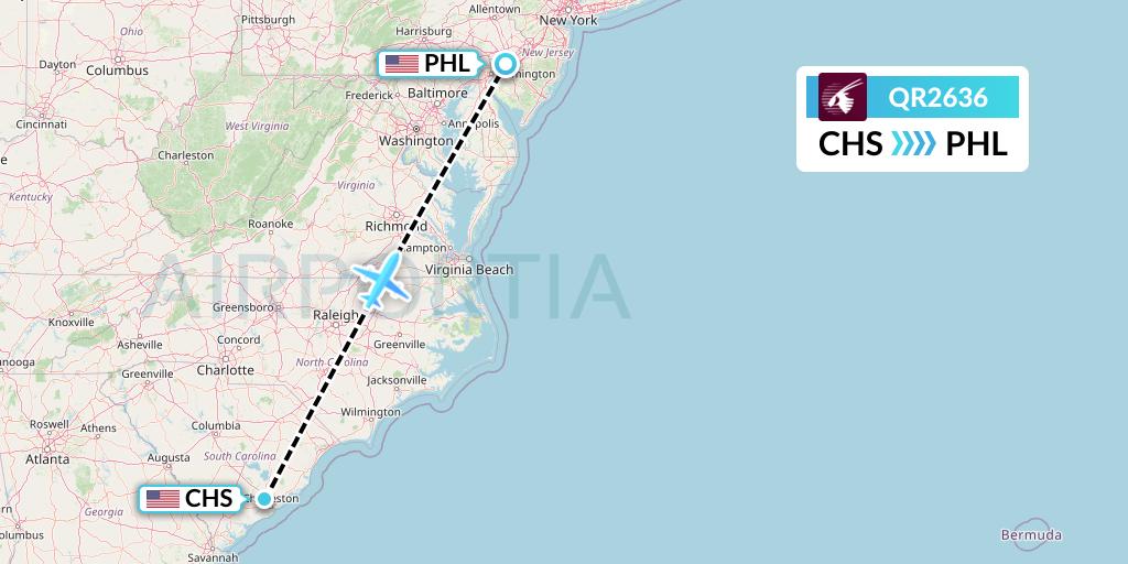 QR2636 Qatar Airways Flight Map: Charleston to Philadelphia