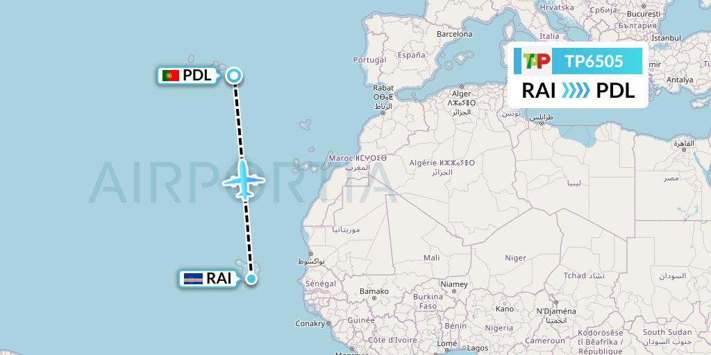 TP6505 TAP Portugal Flight Map: Praia to Ponta Delgada