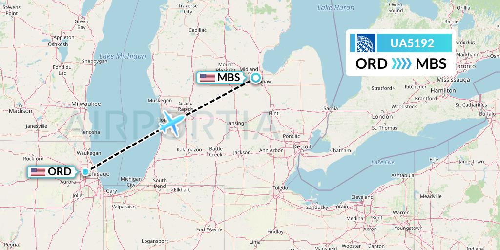 UA5192 United Airlines Flight Map: Chicago to Saginaw