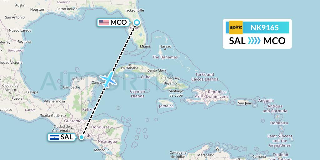 NK9165 Spirit Airlines Flight Map: San Salvador to Orlando