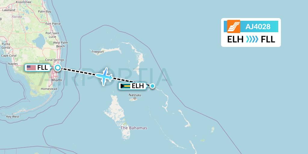 AJ4028 Aztec Airways Flight Map: North Eleuthera to Fort Lauderdale