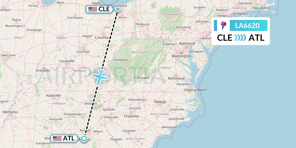 LA6620 LAN Airlines Flight Map: Cleveland to Atlanta
