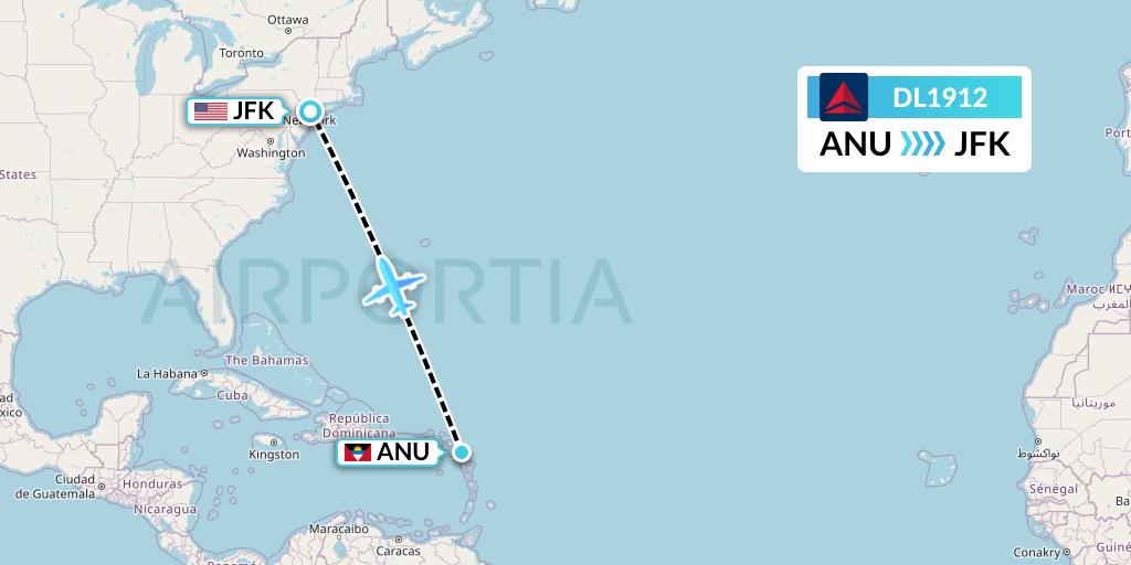 DL1912 Delta Air Lines Flight Map: Antigua to New York