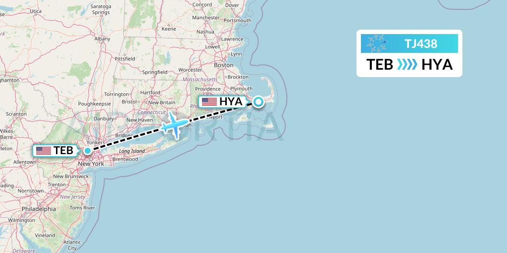 TJ438 Tradewind Aviation Flight Map: Teterboro to Hyannis