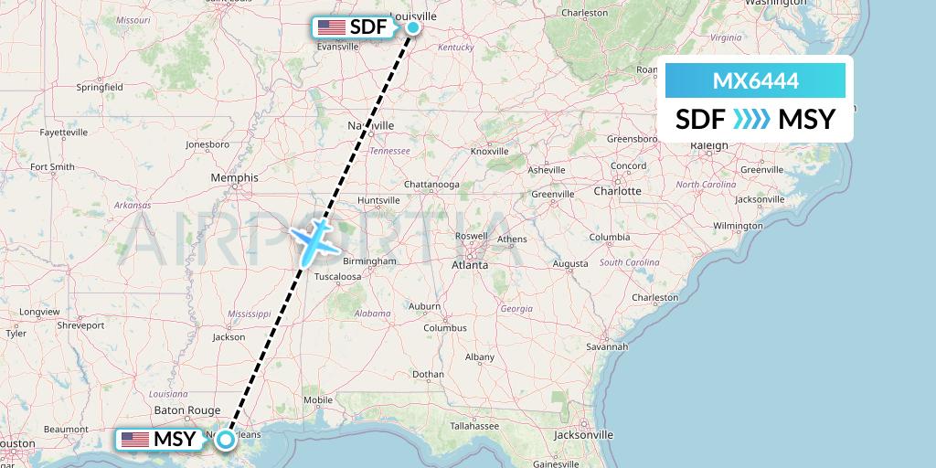 MX6444 Breeze Airways Flight Map: Louisville to New Orleans
