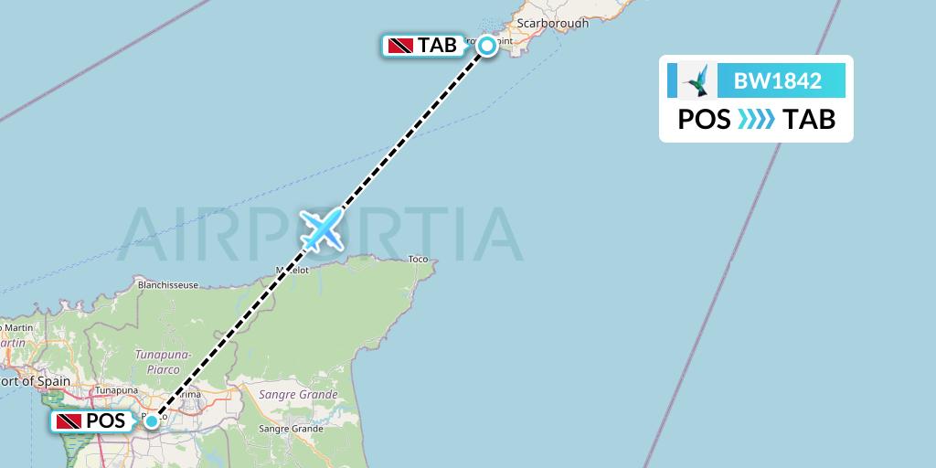 BW1842 Caribbean Airlines Flight Map: Port of Spain to Scarborough