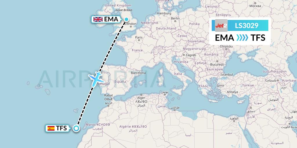 LS3029 Jet2 Flight Map: East Midlands to Tenerife