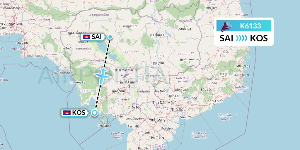 K6133 Cambodia Angkor Air Flight Map: Siem Reap to Sihanoukville